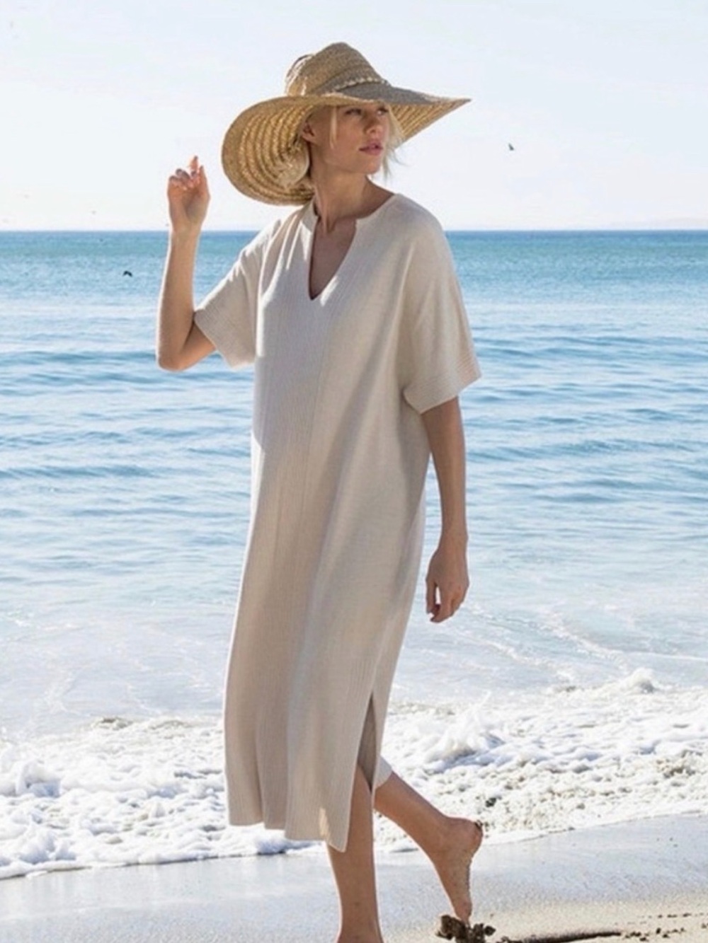 Barefoot Dreams Cream V-Neck Beach Caftan Cover-Up/Dress